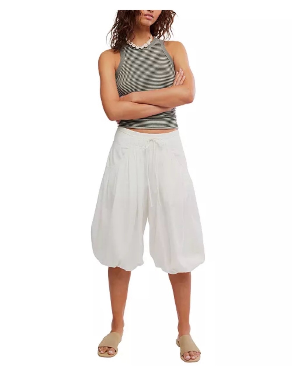 Free People Cream Wide-Leg Drawstring Harem Pants